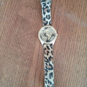 Guess Leather Leopard Print World Face Watch